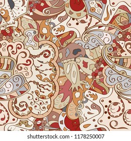 Tracery seamless pattern. Mehndi design. Ethnic colorful doodle texture. Curved doodling background. Vector