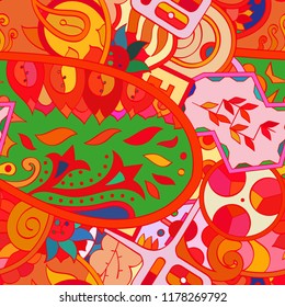 Tracery seamless pattern. Mehndi design. Ethnic colorful doodle texture. Curved doodling background. Vector