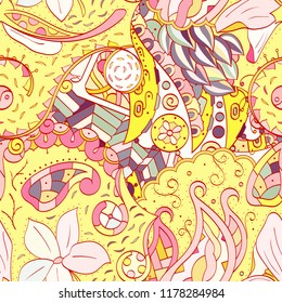 Tracery seamless pattern. Mehndi design. Ethnic colorful doodle texture. Curved doodling background. Vector