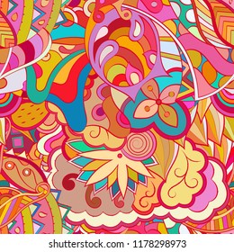 Tracery seamless pattern. Mehndi design. Ethnic colorful doodle texture. Curved doodling background. Vector
