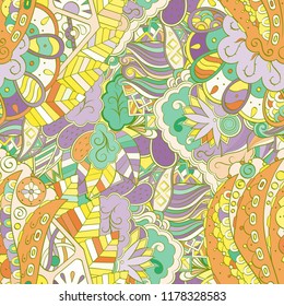 Tracery seamless pattern. Mehndi design. Ethnic colorful doodle texture. Curved doodling background. Vector