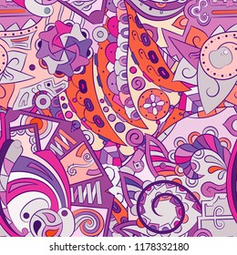 Tracery seamless pattern. Mehndi design. Ethnic colorful doodle texture. Curved doodling background. Vector