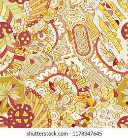 Tracery seamless pattern. Mehndi design. Ethnic colorful doodle texture. Curved doodling background. Vector