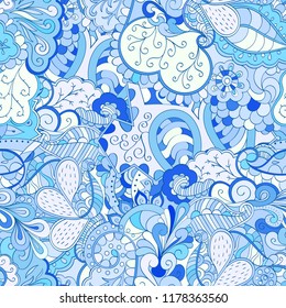 Tracery seamless pattern. Mehndi design. Ethnic colorful doodle texture. Curved doodling background. Vector