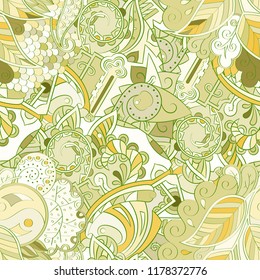Tracery seamless pattern. Mehndi design. Ethnic colorful doodle texture. Curved doodling background. Vector