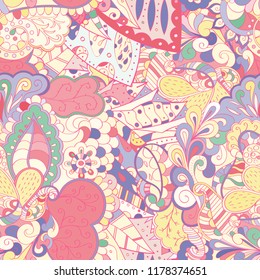 Tracery seamless pattern. Mehndi design. Ethnic colorful doodle texture. Curved doodling background. Vector