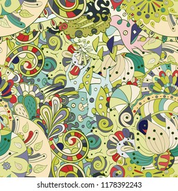 Tracery seamless pattern. Mehndi design. Ethnic colorful doodle texture. Curved doodling background. Vector