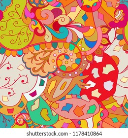 Tracery seamless pattern. Mehndi design. Ethnic colorful doodle texture. Curved doodling background. Vector