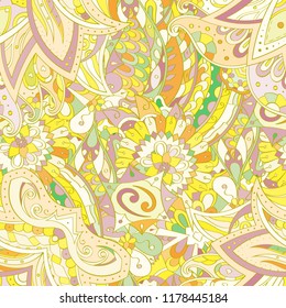 Tracery seamless pattern. Mehndi design. Ethnic colorful doodle texture. Curved doodling background. Vector