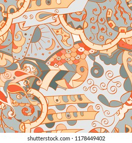 Tracery seamless pattern. Mehndi design. Ethnic colorful doodle texture. Curved doodling background. Vector