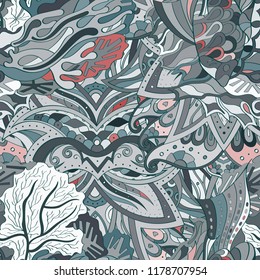 Tracery seamless pattern. Mehndi design. Ethnic colorful doodle texture. Curved doodling background. Vector