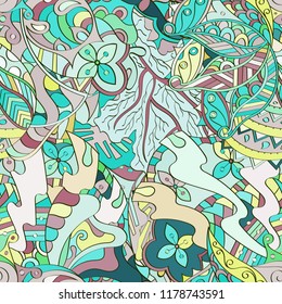 Tracery seamless pattern. Mehndi design. Ethnic colorful doodle texture. Curved doodling background. Vector