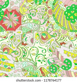 Tracery seamless pattern. Mehndi design. Ethnic colorful doodle texture. Curved doodling background. Vector