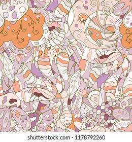 Tracery seamless pattern. Mehndi design. Ethnic colorful doodle texture. Curved doodling background. Vector