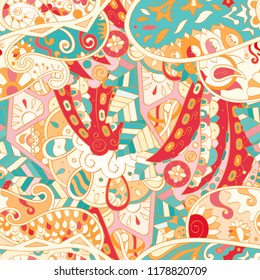 Tracery seamless pattern. Mehndi design. Ethnic colorful doodle texture. Curved doodling background. Vector