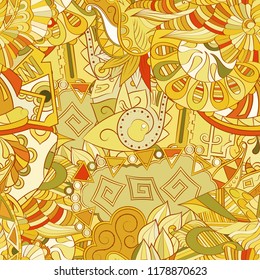 Tracery seamless pattern. Mehndi design. Ethnic colorful doodle texture. Curved doodling background. Vector