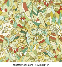 Tracery seamless pattern. Mehndi design. Ethnic colorful doodle texture. Curved doodling background. Vector