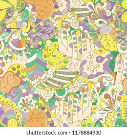 Tracery seamless pattern. Mehndi design. Ethnic colorful doodle texture. Curved doodling background. Vector