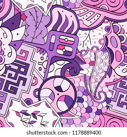 Tracery seamless pattern. Mehndi design. Ethnic colorful doodle texture. Curved doodling background. Vector