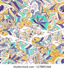 Tracery seamless pattern. Mehndi design. Ethnic colorful doodle texture. Curved doodling background. Vector