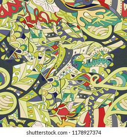 Tracery seamless pattern. Mehndi design. Ethnic colorful doodle texture. Curved doodling background. Vector