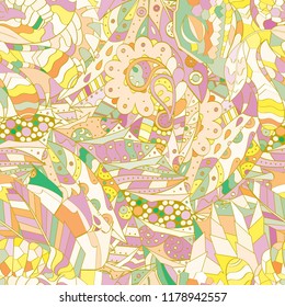 Tracery seamless pattern. Mehndi design. Ethnic colorful doodle texture. Curved doodling background. Vector