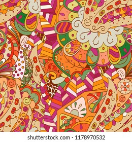 Tracery seamless pattern. Mehndi design. Ethnic colorful doodle texture. Curved doodling background. Vector