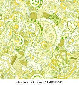 Tracery seamless pattern. Mehndi design. Ethnic colorful doodle texture. Curved doodling background. Vector