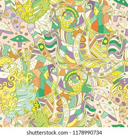 Tracery seamless pattern. Mehndi design. Ethnic colorful doodle texture. Curved doodling background. Vector