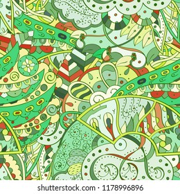 Tracery seamless pattern. Mehndi design. Ethnic colorful doodle texture. Curved doodling background. Vector