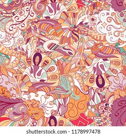 Tracery seamless pattern. Mehndi design. Ethnic colorful doodle texture. Curved doodling background. Vector