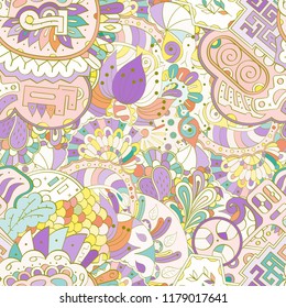 Tracery seamless pattern. Mehndi design. Ethnic colorful doodle texture. Curved doodling background. Vector