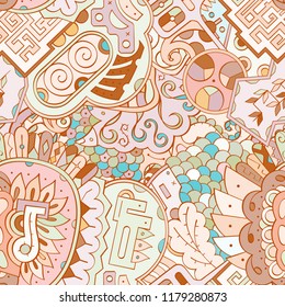 Tracery seamless pattern. Mehndi design. Ethnic colorful doodle texture. Curved doodling background. Vector