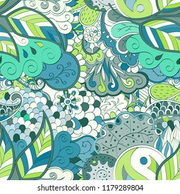 Tracery seamless pattern. Mehndi design. Ethnic colorful doodle texture. Curved doodling background. Vector