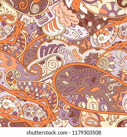 Tracery seamless pattern. Mehndi design. Ethnic colorful doodle texture. Curved doodling background. Vector
