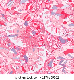 Tracery seamless pattern. Mehndi design. Ethnic colorful doodle texture. Curved doodling background. Vector