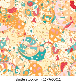 Tracery seamless pattern. Mehndi design. Ethnic colorful doodle texture. Curved doodling background. Vector
