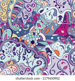 Tracery seamless pattern. Mehndi design. Ethnic colorful doodle texture. Curved doodling background. Vector