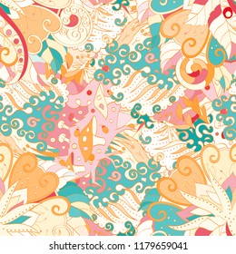 Tracery seamless pattern. Mehndi design. Ethnic colorful doodle texture. Curved doodling background. Vector