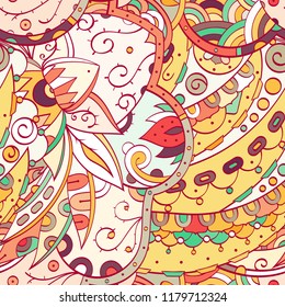 Tracery seamless pattern. Mehndi design. Ethnic colorful doodle texture. Curved doodling background. Vector