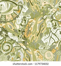 Tracery seamless pattern. Mehndi design. Ethnic colorful doodle texture. Curved doodling background. Vector