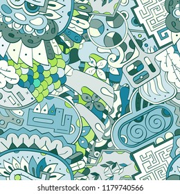 Tracery seamless pattern. Mehndi design. Ethnic colorful doodle texture. Curved doodling background. Vector