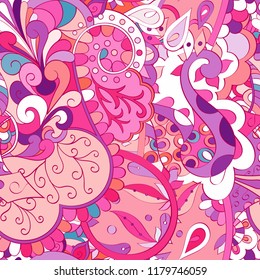 Tracery seamless pattern. Mehndi design. Ethnic colorful doodle texture. Curved doodling background. Vector