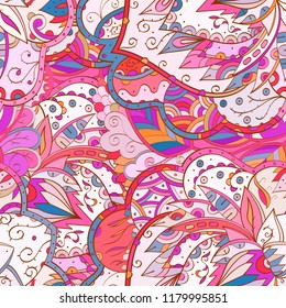 Tracery seamless pattern. Mehndi design. Ethnic colorful doodle texture. Curved doodling background. Vector