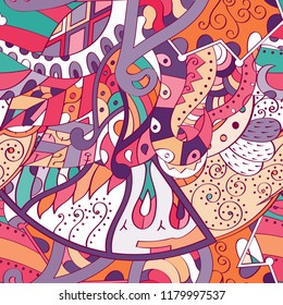 Tracery seamless pattern. Mehndi design. Ethnic colorful doodle texture. Curved doodling background. Vector