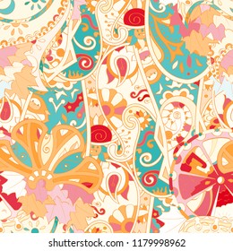 Tracery seamless pattern. Mehndi design. Ethnic colorful doodle texture. Curved doodling background. Vector