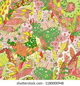 Tracery seamless pattern. Mehndi design. Ethnic colorful doodle texture. Curved doodling background. Vector