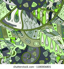 Tracery seamless pattern. Mehndi design. Ethnic colorful doodle texture. Curved doodling background. Vector