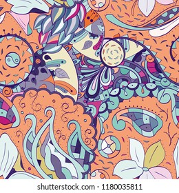 Tracery seamless pattern. Mehndi design. Ethnic colorful doodle texture. Curved doodling background. Vector