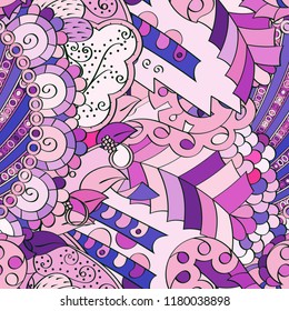 Tracery seamless pattern. Mehndi design. Ethnic colorful doodle texture. Curved doodling background. Vector
